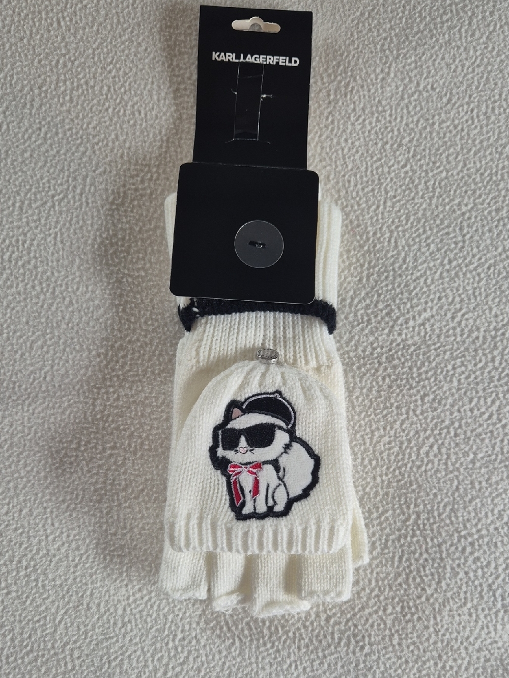Karl Lagerfeld Women's White Fingerless Mittens with Cat Patch